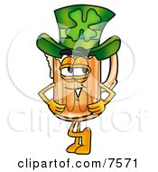 Beer Mug Mascot Cartoon Character Wearing A Saint Patricks Day Hat With A Clover On It