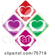 Royalty Free RF Clipart Illustration Of A Diamond Of Four Colorful Diamonds With Birds Forming Hearts