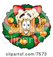 Beer Mug Mascot Cartoon Character In The Center Of A Christmas Wreath