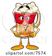 Beer Mug Mascot Cartoon Character Wearing A Red Mask Over His Face