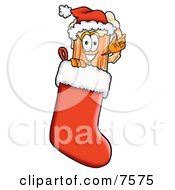 Beer Mug Mascot Cartoon Character Wearing A Santa Hat Inside A Red Christmas Stocking