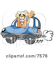 Beer Mug Mascot Cartoon Character Driving A Blue Car And Waving