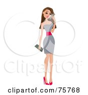 Poster, Art Print Of Sexy Stylish Brunette Woman In A Silver Dress And Red Heels Talking On A Cell Phone
