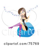 Poster, Art Print Of Stylish Young Brunette Woman Sitting On A Bean Bag And Listening To Music Through An Mp3 Player