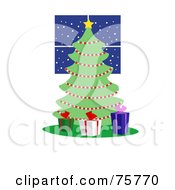 Poster, Art Print Of Three Gift Boxes Around A Christmas Tree Adorned In Garland By A Window