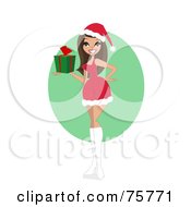 Royalty Free RF Clipart Illustration Of A Sexy Brunette Woman In A Santa Suit Holding A Gift
