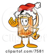 Clipart Picture Of A Beer Mug Mascot Cartoon Character Wearing A Santa Hat And Waving