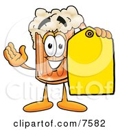 Beer Mug Mascot Cartoon Character Holding A Yellow Sales Price Tag