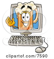 Beer Mug Mascot Cartoon Character Waving From Inside A Computer Screen