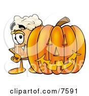 Beer Mug Mascot Cartoon Character With A Carved Halloween Pumpkin