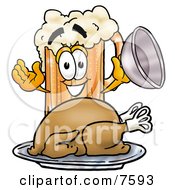 Poster, Art Print Of Beer Mug Mascot Cartoon Character Serving A Thanksgiving Turkey On A Platter