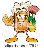 Beer Mug Mascot Cartoon Character Holding A Red Rose On Valentines Day