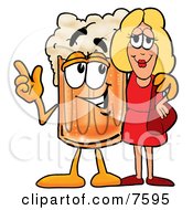Beer Mug Mascot Cartoon Character Talking To A Pretty Blond Woman