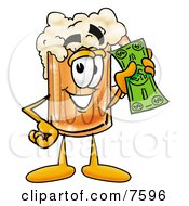 Beer Mug Mascot Cartoon Character Holding A Dollar Bill