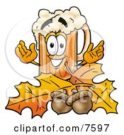 Clipart Picture Of A Beer Mug Mascot Cartoon Character With Autumn Leaves And Acorns In The Fall
