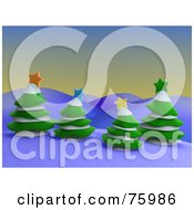 Royalty Free RF Clipart Illustration Of Four Evergreen Flocked Christmas Trees With Colorful Stars In Snowy Hills