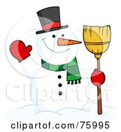 Poster, Art Print Of Joyous Snowman Holding A Broom And Waving