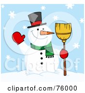 Poster, Art Print Of Friendly Snowman Holding A Broom And Waving In The Snow