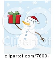 Poster, Art Print Of Joyous Snowman Holding A Christmas Present In The Snow