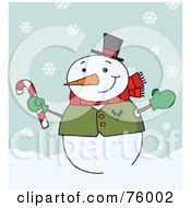 Poster, Art Print Of Jolly Snowman Holding A Candy Cane In The Snow