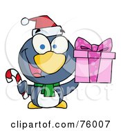 Royalty Free RF Clipart Illustration Of A Thoughtful Christmas Penguin Holding A Present And Candy Cane