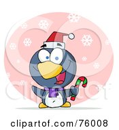 Royalty Free RF Clipart Illustration Of A Joyous Christmas Penguin Holding A Candy Cane In The Snow