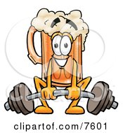 Beer Mug Mascot Cartoon Character Lifting A Heavy Barbell