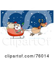 Royalty Free RF Clipart Illustration Of Rudolph Taking Off With Kris Kringle In His Sleigh In The Snow