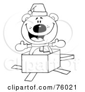 Poster, Art Print Of Black And White Outline Of A Christmas Polar Bear Popping Out Of A Gift Box