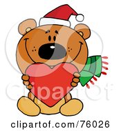 Poster, Art Print Of Sweet Christmas Teddy Bear Holding A Red Heart And Wearing A Santa Hat