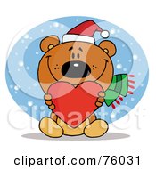 Poster, Art Print Of Tender Christmas Bear Holding A Red Heart And Wearing A Santa Hat In The Snow