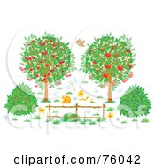 Royalty Free RF Clipart Illustration Of A Bird Snail Worms And Dragonfly Near Cherry And Apple Trees And Berry Bushes