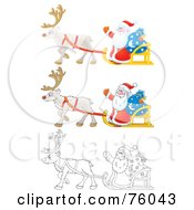 Poster, Art Print Of Digital Collage Of Three Versions Of Santa Waving And Riding On His Sleigh Cartoon Airbrushed And Outline