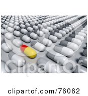 Poster, Art Print Of 3d Red And Yellow Pill Mixed In With Rows Of White And Gray Pills