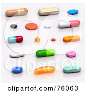 Poster, Art Print Of 3d Colorful Pills And Capsules Resting On A Reflective Surface