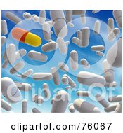 Poster, Art Print Of Background Of A 3d Red And Yellow Pill With White Capsules Falling From The Sky