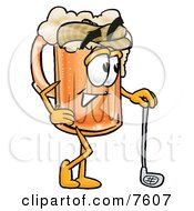 Clipart Picture Of A Beer Mug Mascot Cartoon Character Leaning On A Golf Club While Golfing by Mascot Junction #COLLC7607-0015
