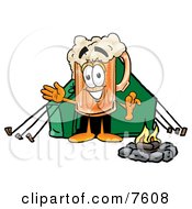 Beer Mug Mascot Cartoon Character Camping With A Tent And Fire