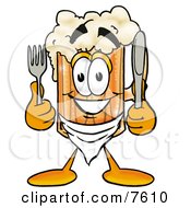 Beer Mug Mascot Cartoon Character Holding A Knife And Fork
