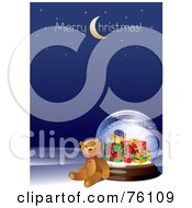 Teddy Bear Leaning Against A Present Snow Globe With Merry Christmas Text On Blue