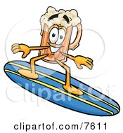Poster, Art Print Of Beer Mug Mascot Cartoon Character Surfing On A Blue And Yellow Surfboard