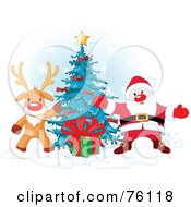 Poster, Art Print Of Rudolph The Red Nosed Reindeer And Santa Presenting A Gift In Front Of A Christmas Tree