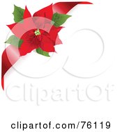 Royalty Free RF Clipart Illustration Of A White Background With A Red Ribbon And Poinsettia Corner