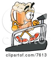 Beer Mug Mascot Cartoon Character Walking On A Treadmill In A Fitness Gym