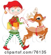 Cute Christmas Elf And Rudolph Delivering A Present