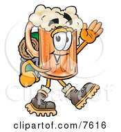 Beer Mug Mascot Cartoon Character Hiking And Carrying A Backpack