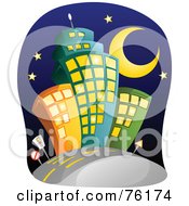 Poster, Art Print Of Crescent Moon And Stars Over City Buildings
