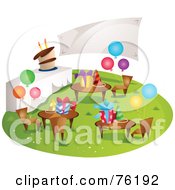 Poster, Art Print Of Outdoor Birthday Party With A Cake Balloons And Presents
