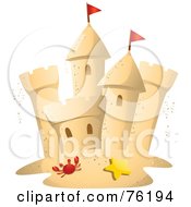 Poster, Art Print Of Crab And Starfish In Front Of A Sand Castle