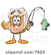 Beer Mug Mascot Cartoon Character Holding A Fish On A Fishing Pole
